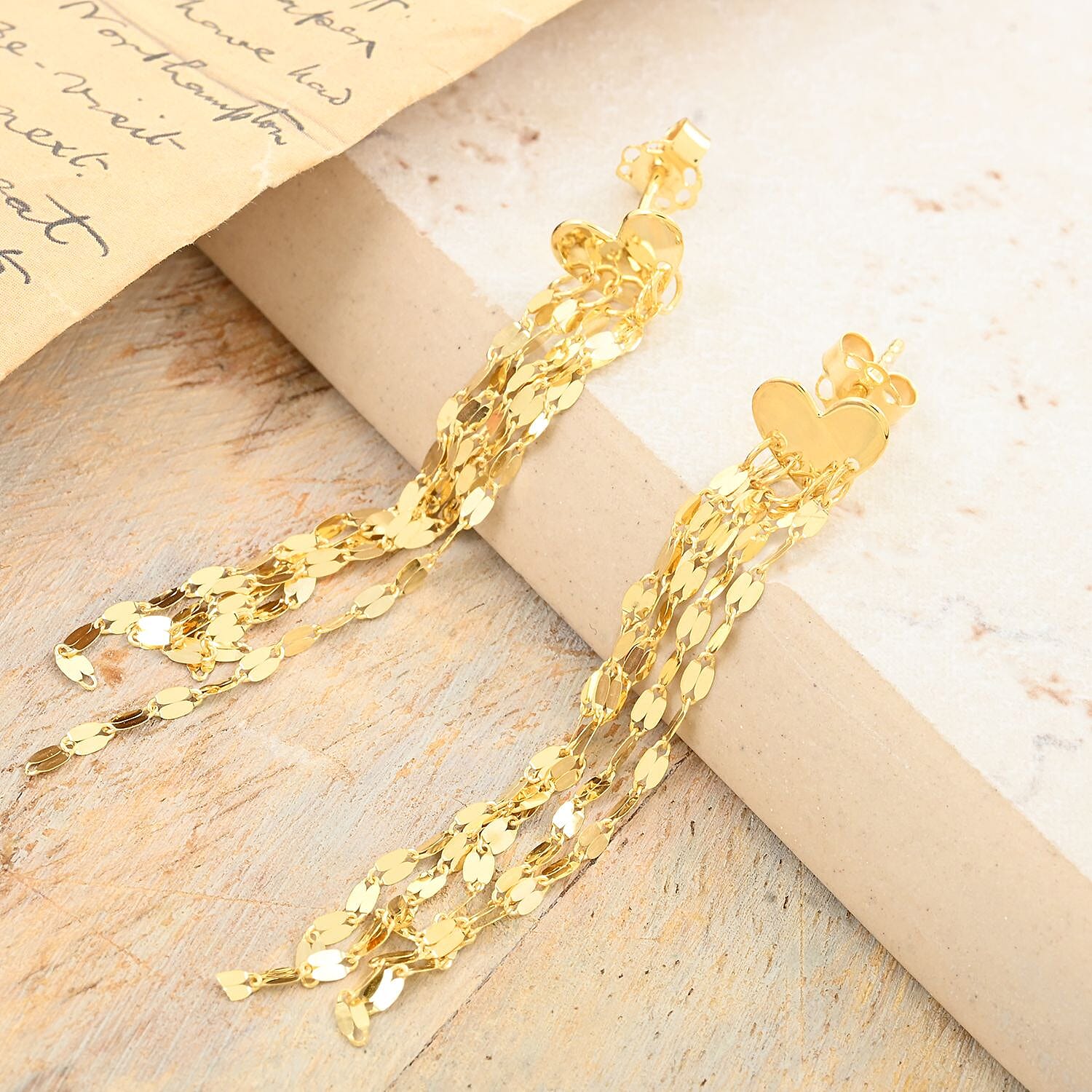 Italian 10K Yellow Gold Heart Mirror Tassels Earrings 1.35 Grams