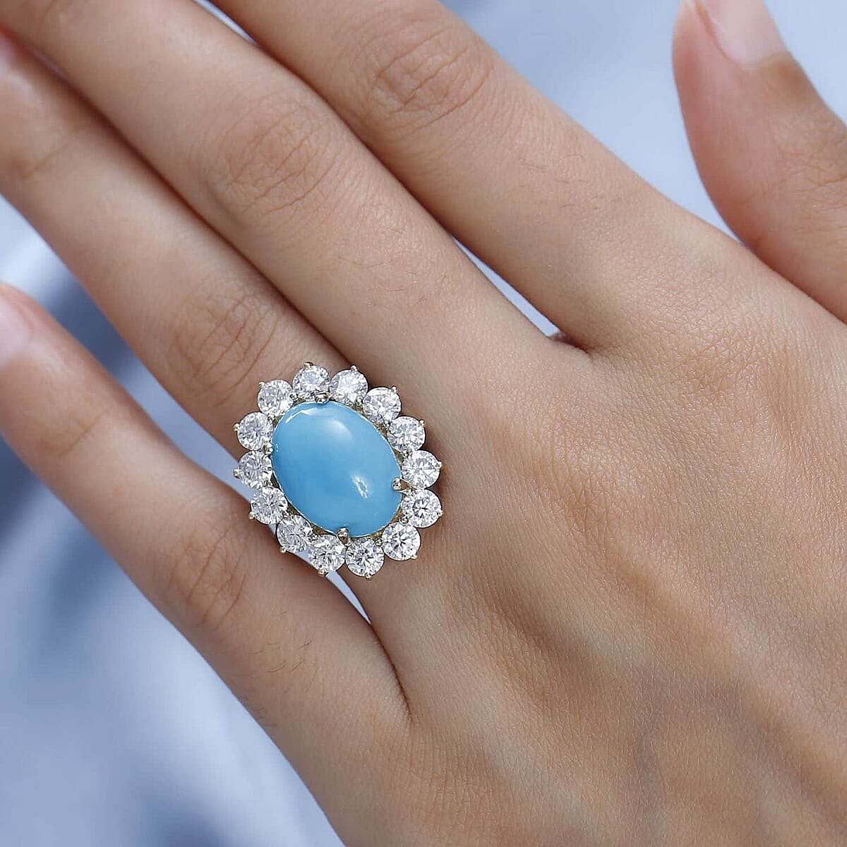 Doorbuster Luxoro 10K Yellow Gold AAA Sleeping Beauty Turquoise, Moissanite Halo Ring 8.90 ctw image number 2