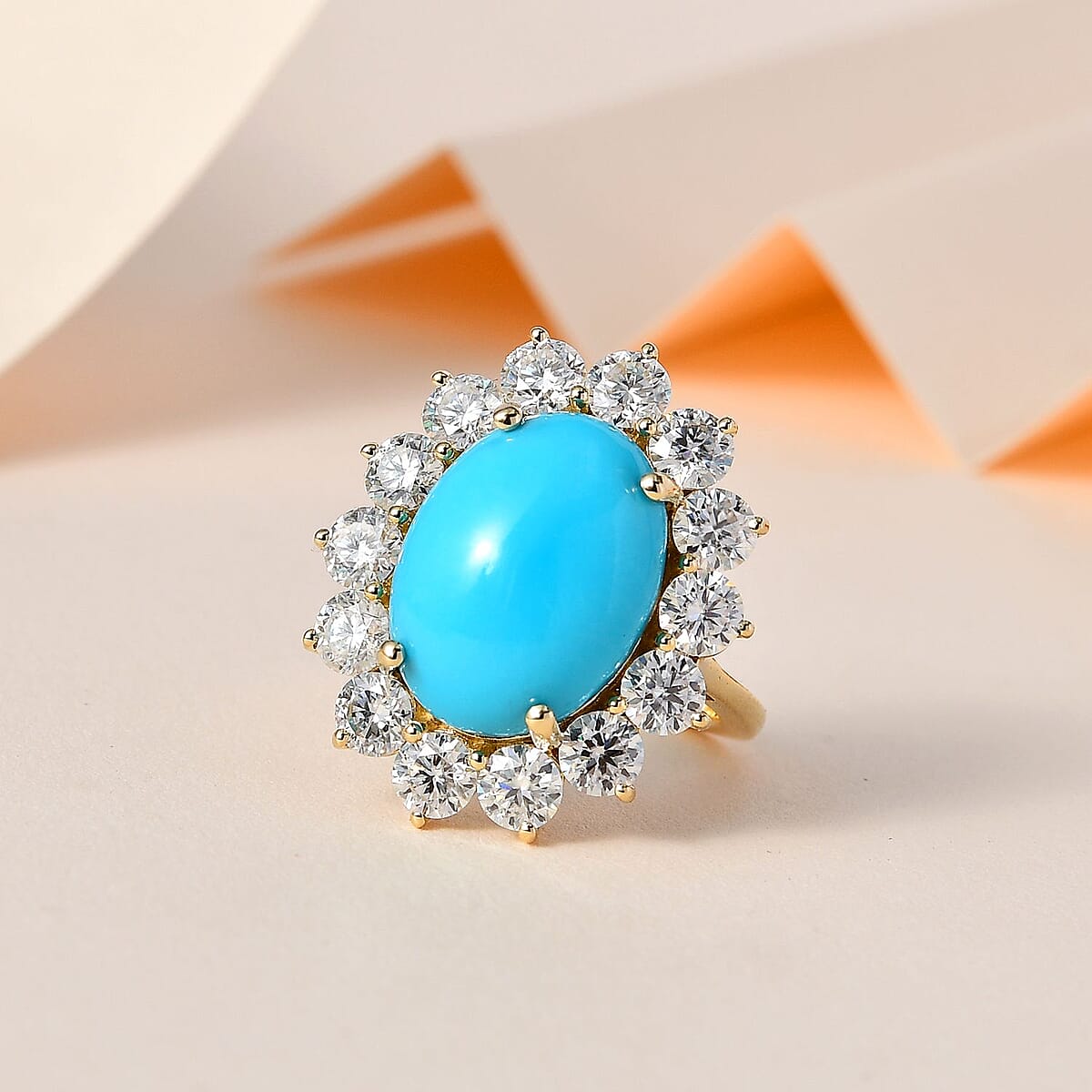  Luxoro 10K Yellow Gold AAA Sleeping Beauty Turquoise and Moissanite Halo Ring (Size 6.0) 4.60 Grams 8.90 ctw image number 1