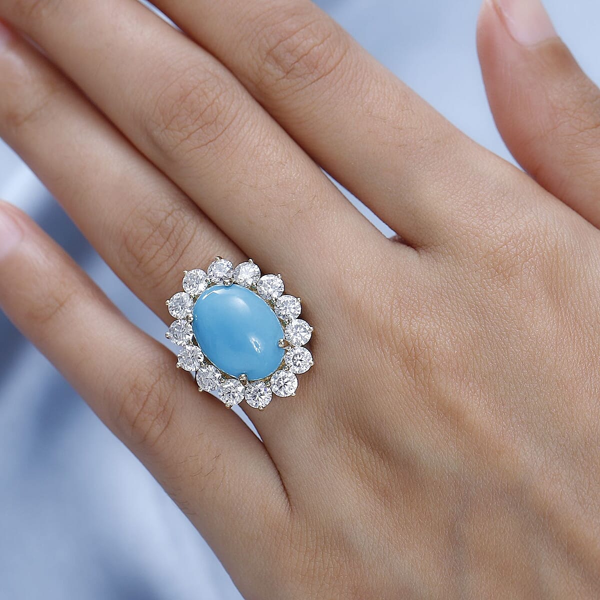  Luxoro 10K Yellow Gold AAA Sleeping Beauty Turquoise and Moissanite Halo Ring (Size 6.0) 4.60 Grams 8.90 ctw image number 2