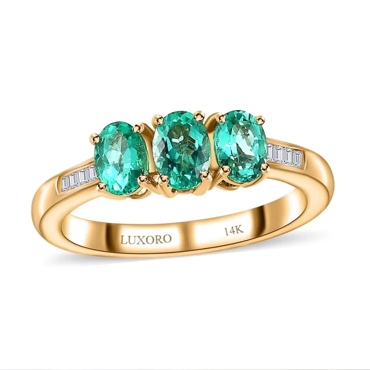 Luxoro AAA Boyaca Colombian Emerald Three Stone Ring in 14K Yellow Gold, G-H I2 Diamond Accent Ring, Emerald Jewelry, Birthstone Gift For Her 1.00 ctw image number 0