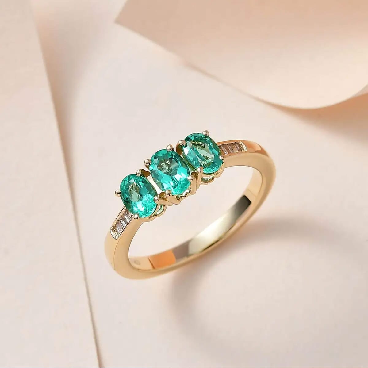 Luxoro AAA Boyaca Colombian Emerald Three Stone Ring in 14K Yellow Gold, G-H I2 Diamond Accent Ring, Emerald Jewelry, Birthstone Gift For Her 1.00 ctw image number 1