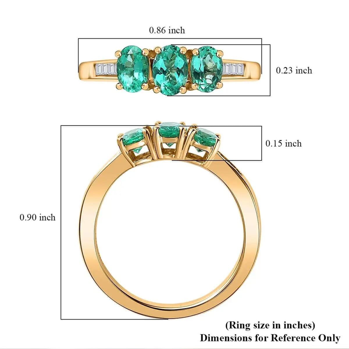 Luxoro AAA Boyaca Colombian Emerald Three Stone Ring in 14K Yellow Gold, G-H I2 Diamond Accent Ring, Emerald Jewelry, Birthstone Gift For Her 1.00 ctw image number 5