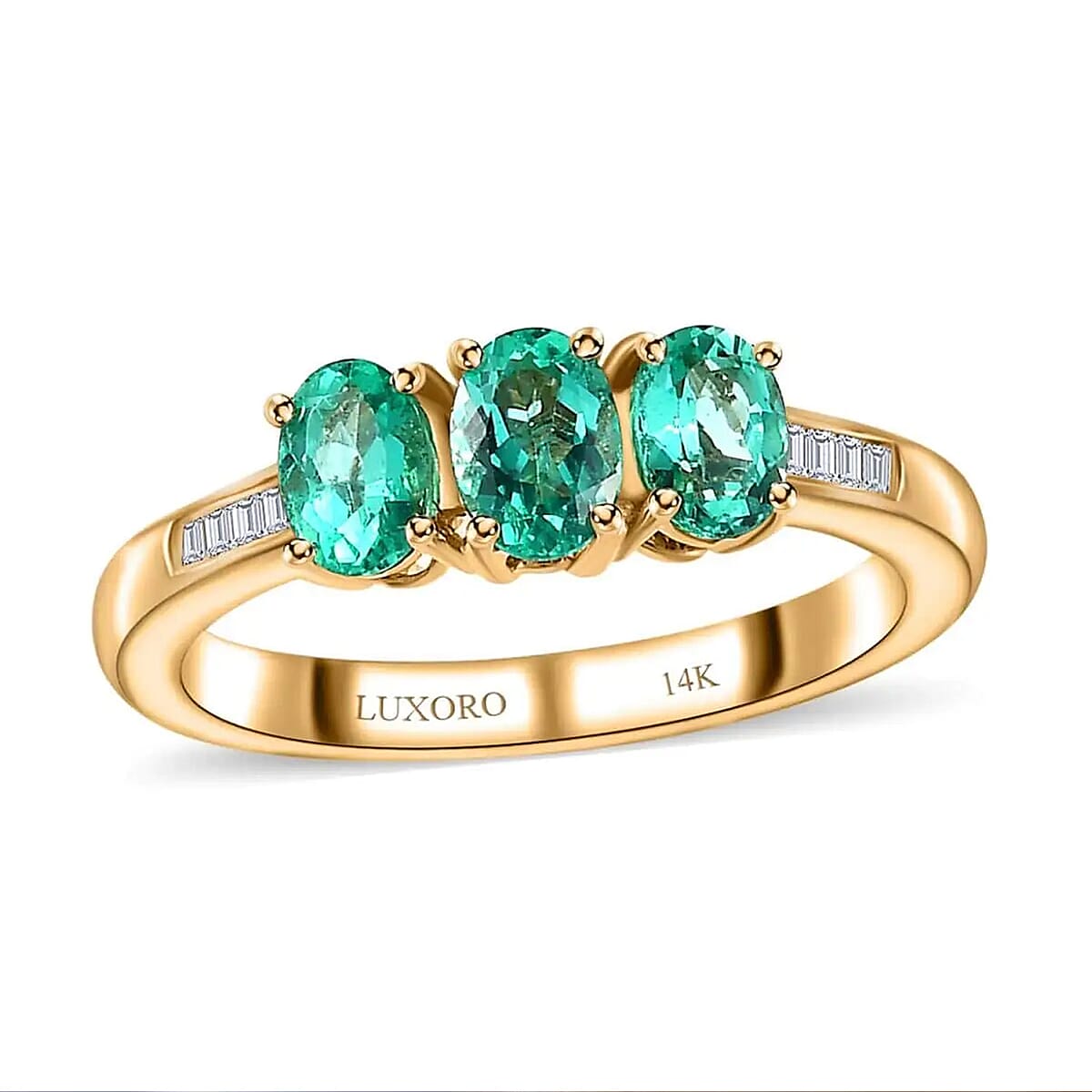 Luxoro AAA Boyaca Colombian Emerald and G-H I2 Diamond 1.00 ctw 3 Stone Ring in 14K Yellow Gold, Emerald Jewelry, Birthstone Gift For Her (Size 6.0) image number 0