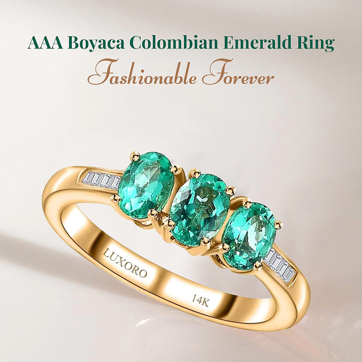 Luxoro AAA Boyaca Colombian Emerald and G-H I2 Diamond 1.00 ctw 3 Stone Ring in 14K Yellow Gold, Emerald Jewelry, Birthstone Gift For Her (Size 6.0) image number 2