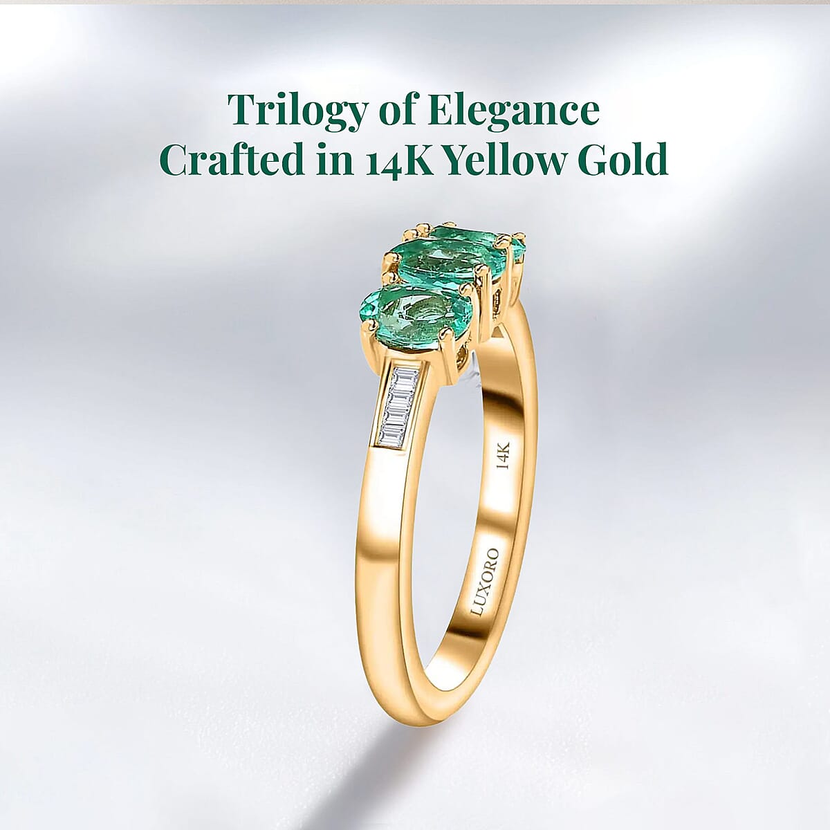 Luxoro AAA Boyaca Colombian Emerald and G-H I2 Diamond 1.00 ctw 3 Stone Ring in 14K Yellow Gold, Emerald Jewelry, Birthstone Gift For Her (Size 7.0) image number 3