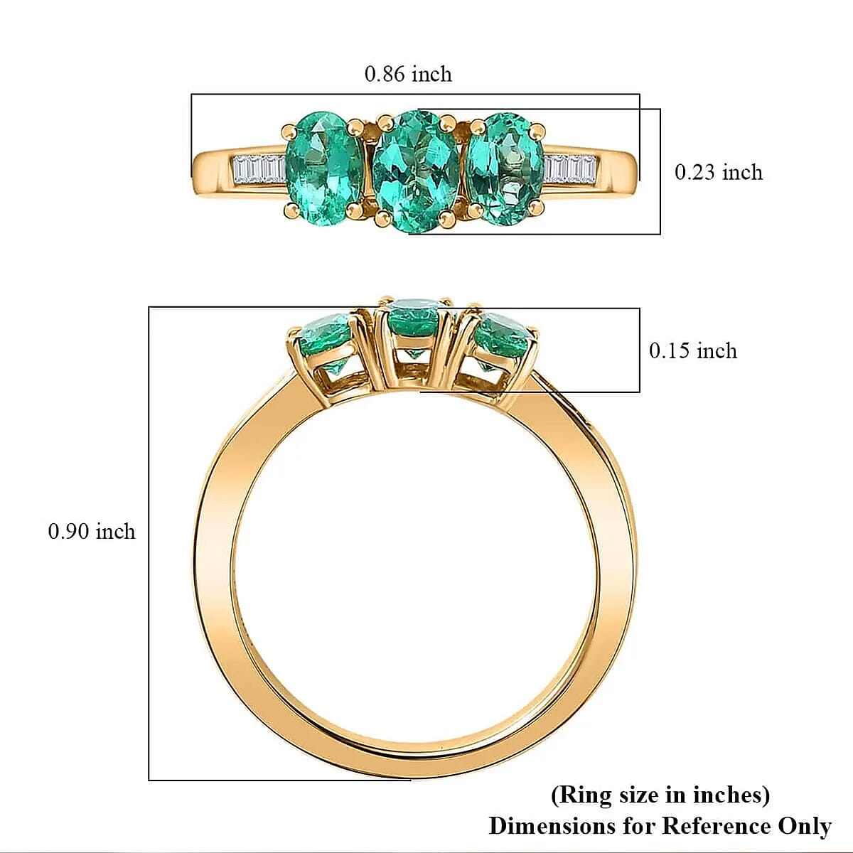 Luxoro AAA Boyaca Colombian Emerald and G-H I2 Diamond 1.00 ctw 3 Stone Ring in 14K Yellow Gold, Emerald Jewelry, Birthstone Gift For Her (Size 7.0) image number 5