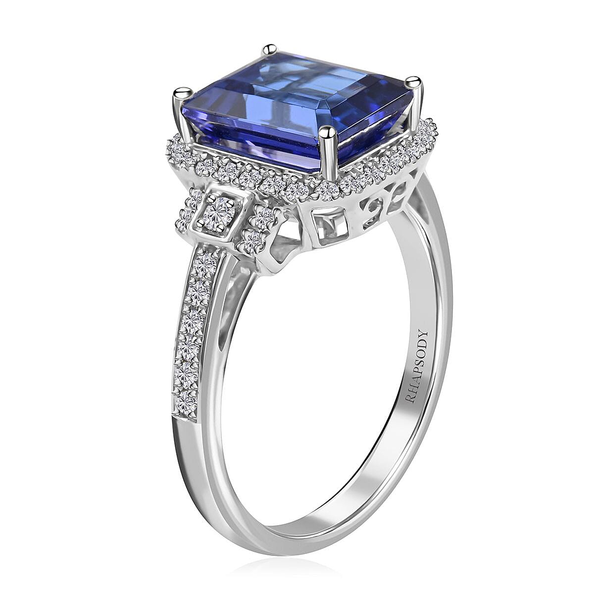 Certified and Appraised Rhapsody 950 Platinum AAAA Tanzanite and E-F VS Diamond Halo Ring (Size 6.5) 7.15 Grams 4.00 ctw image number 3