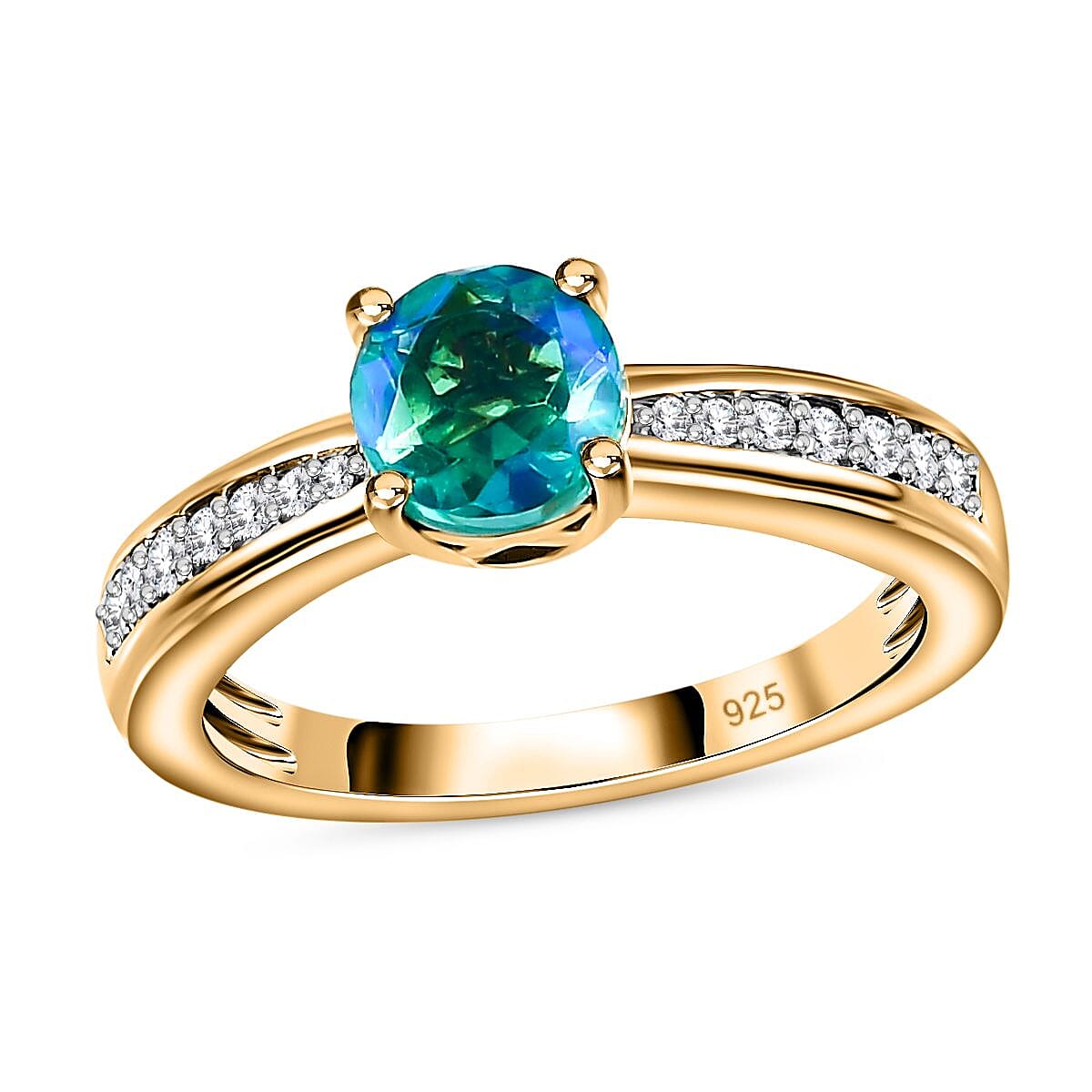 Peacock Quartz (Triplet) and White Zircon 1.30 ctw Ring in Vermeil Yellow Gold Over Sterling Silver (Size 11.5)