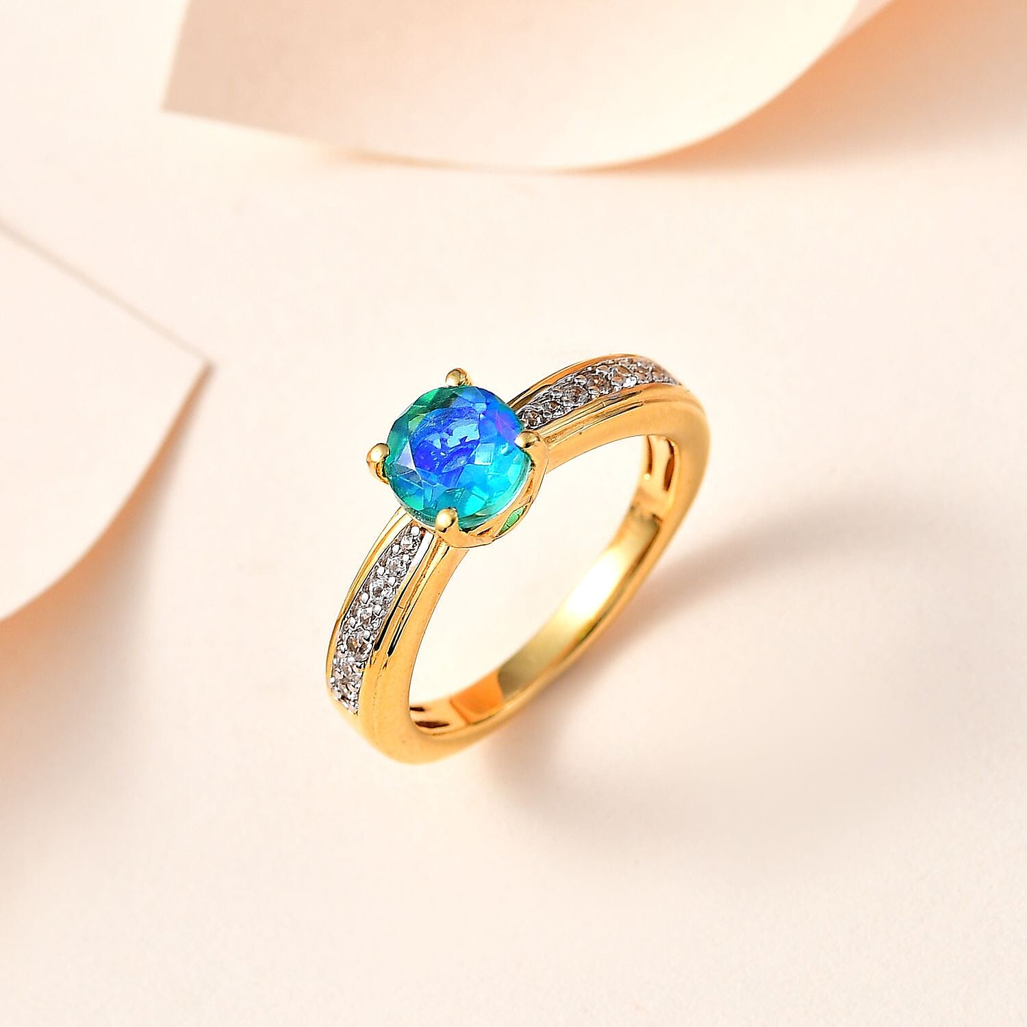 Peacock Quartz (Triplet) and White Zircon 1.30 ctw Ring in Vermeil Yellow Gold Over Sterling Silver (Size 11.5)