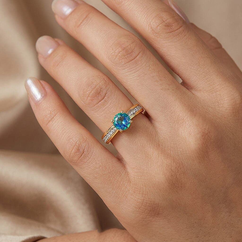 Peacock Quartz (Triplet) and White Zircon 1.30 ctw Ring in Vermeil Yellow Gold Over Sterling Silver (Size 11.5)