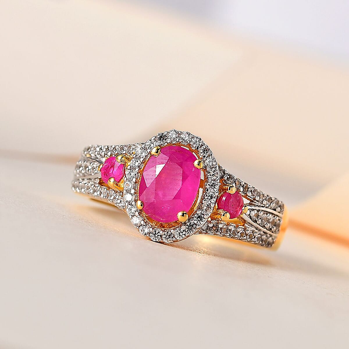 Premium Montepuez Ruby and White Zircon Ring in Vermeil Yellow Gold Over Sterling Silver (Size 7.0) 1.50 ctw image number 1