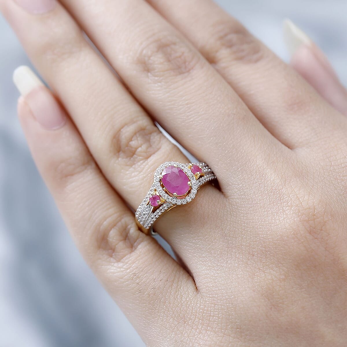 Premium Montepuez Ruby and White Zircon Ring in Vermeil Yellow Gold Over Sterling Silver (Size 7.0) 1.50 ctw image number 2