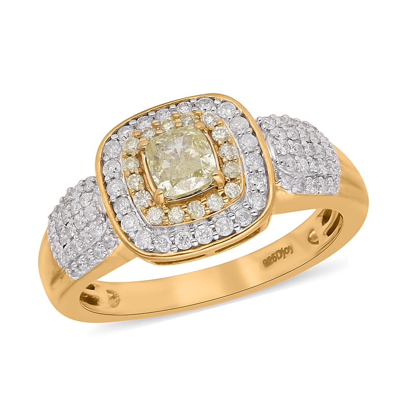 Natural Yellow and White Diamond Double Halo Ring in Vermeil Yellow Gold Over Sterling Silver (Size 8.0) 1.00 ctw