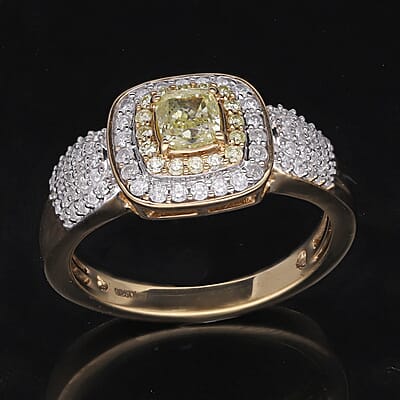 Natural Yellow and White Diamond Double Halo Ring in Vermeil Yellow Gold Over Sterling Silver (Size 8.0) 1.00 ctw