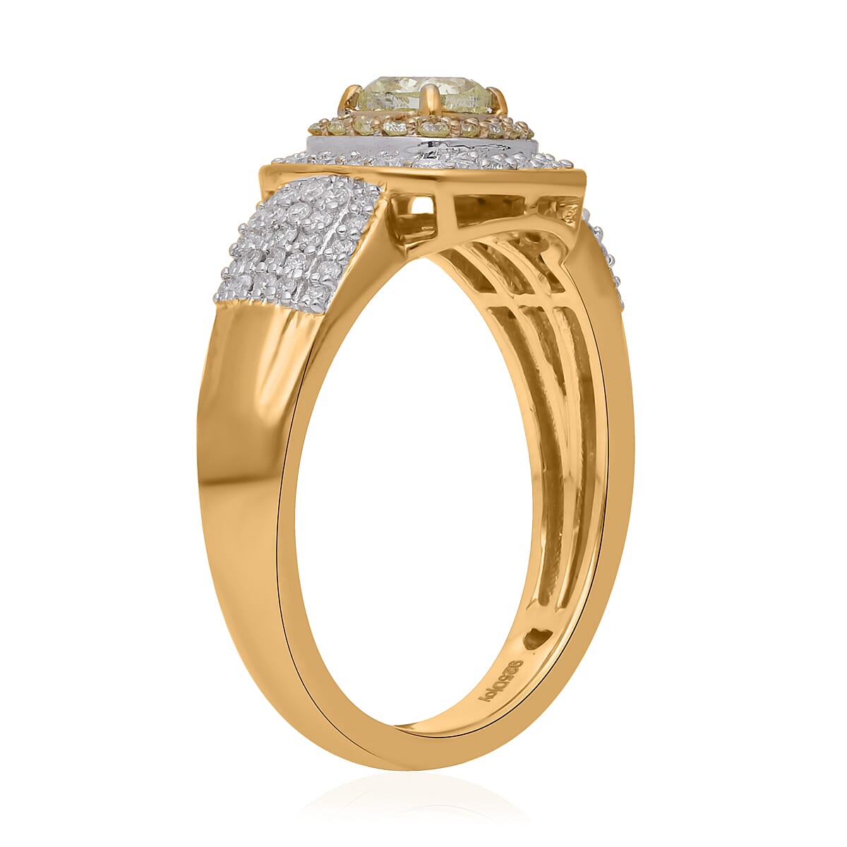 Natural Yellow and White Diamond Double Halo Ring in Vermeil Yellow Gold Over Sterling Silver (Size 8.0) 1.00 ctw