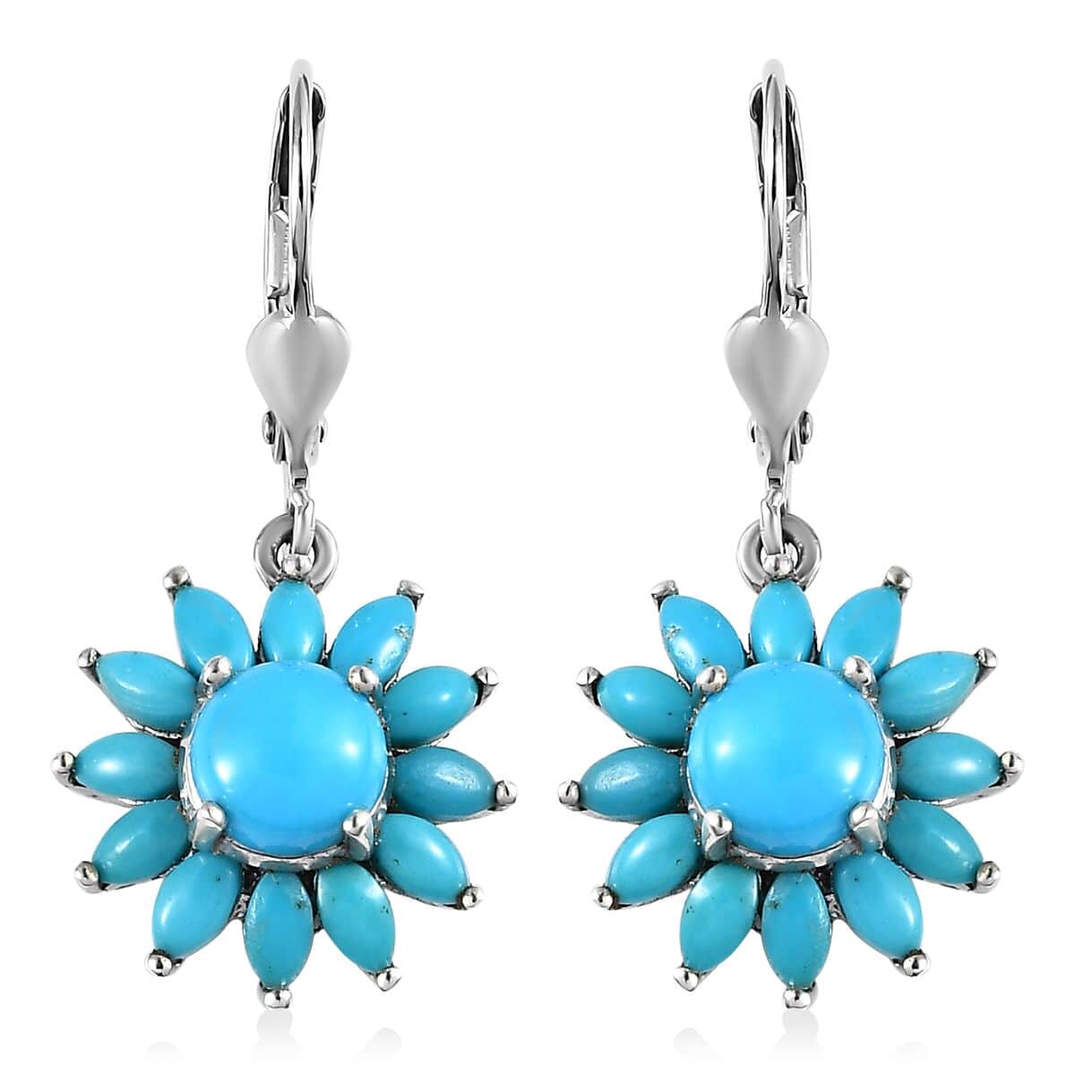 Premium Sleeping Beauty Turquoise Floral Lever Back Earrings in Platinum Over Sterling Silver 3.60 ctw image number 0