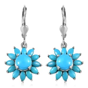 Premium Sleeping Beauty Turquoise Floral Lever Back Earrings in Platinum Over Sterling Silver 3.60 ctw