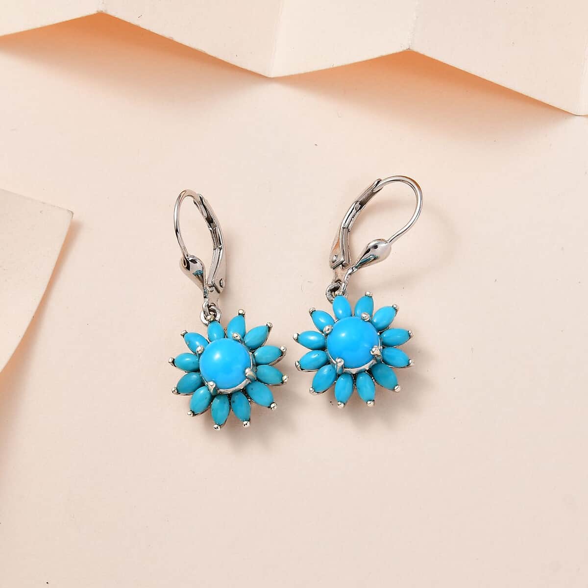 Premium Sleeping Beauty Turquoise Floral Lever Back Earrings in Platinum Over Sterling Silver 3.60 ctw image number 1