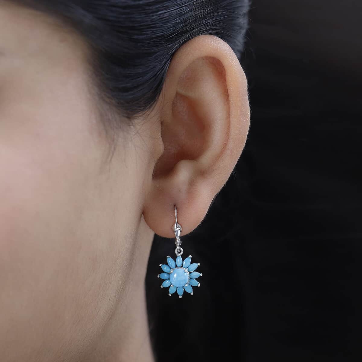 Premium Sleeping Beauty Turquoise Floral Lever Back Earrings in Platinum Over Sterling Silver 3.60 ctw image number 2
