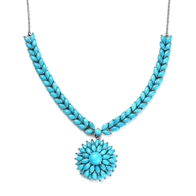 Premium Sleeping Beauty Turquoise Floral Spray Necklace 18-20 Inches in Platinum Over Sterling Silver 16.90 ctw