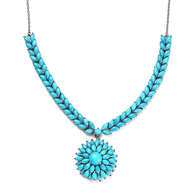 Premium Sleeping Beauty Turquoise Floral Spray Necklace 18-20 Inches in Platinum Over Sterling Silver 16.90 ctw