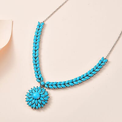 Premium Sleeping Beauty Turquoise Floral Spray Necklace 18-20 Inches in Platinum Over Sterling Silver 16.90 ctw