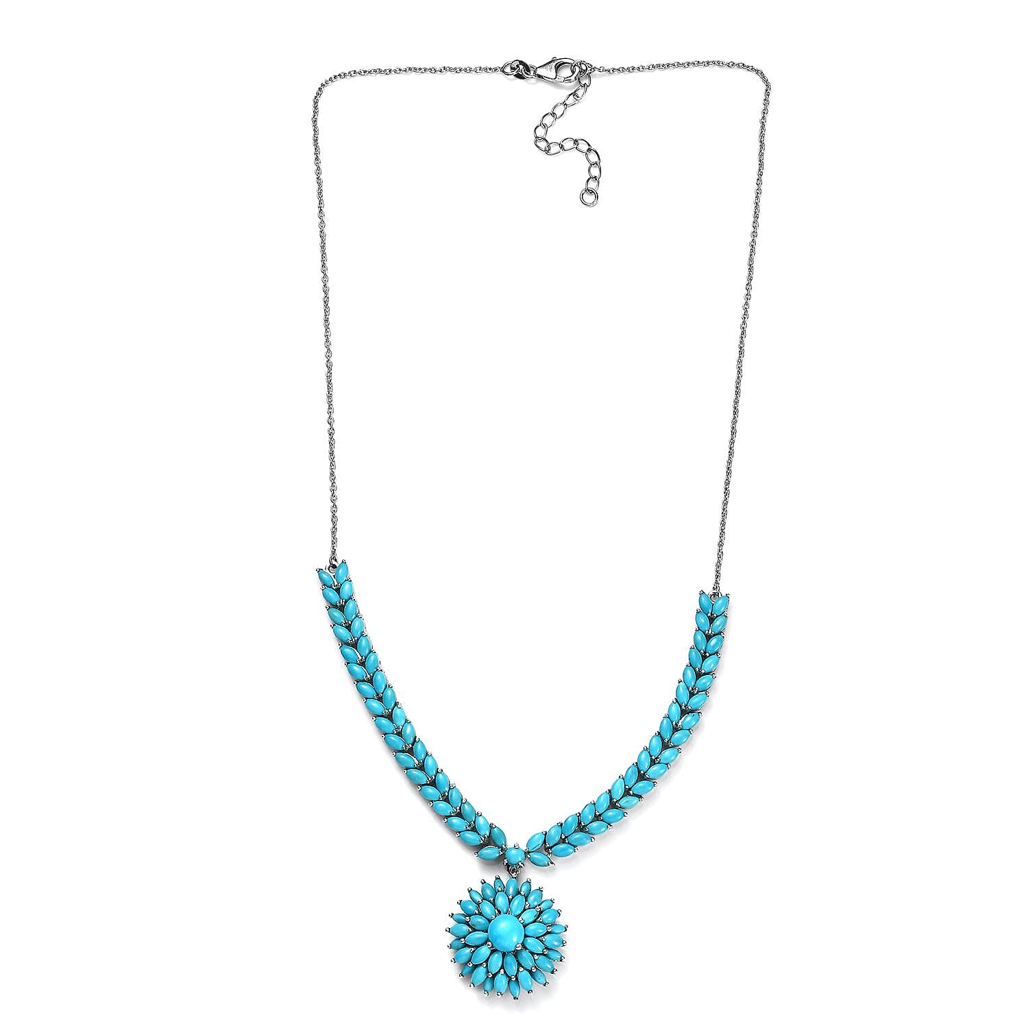 Premium Sleeping Beauty Turquoise Floral Spray Necklace 18-20 Inches in Platinum Over Sterling Silver 16.90 ctw