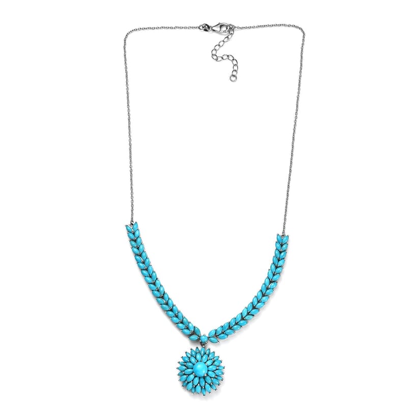 Premium Sleeping Beauty Turquoise Floral Spray Necklace 18-20 Inches in Platinum Over Sterling Silver 16.90 ctw