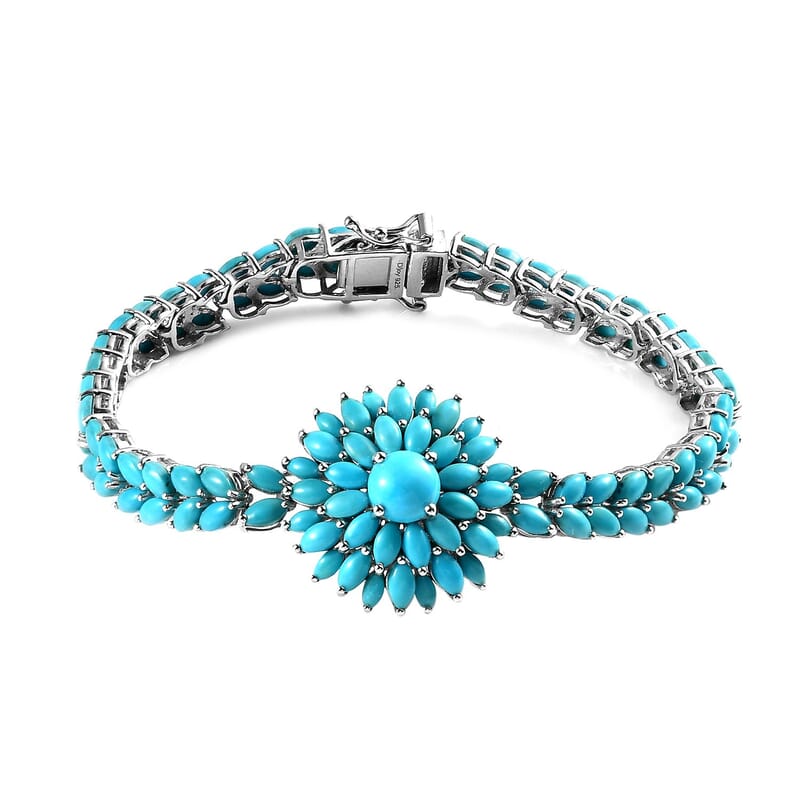 D'Joy Premium Sleeping Beauty Turquoise Floral Spray Bracelet in Platinum Over Sterling Silver (7.25 In) 17.25 ctw