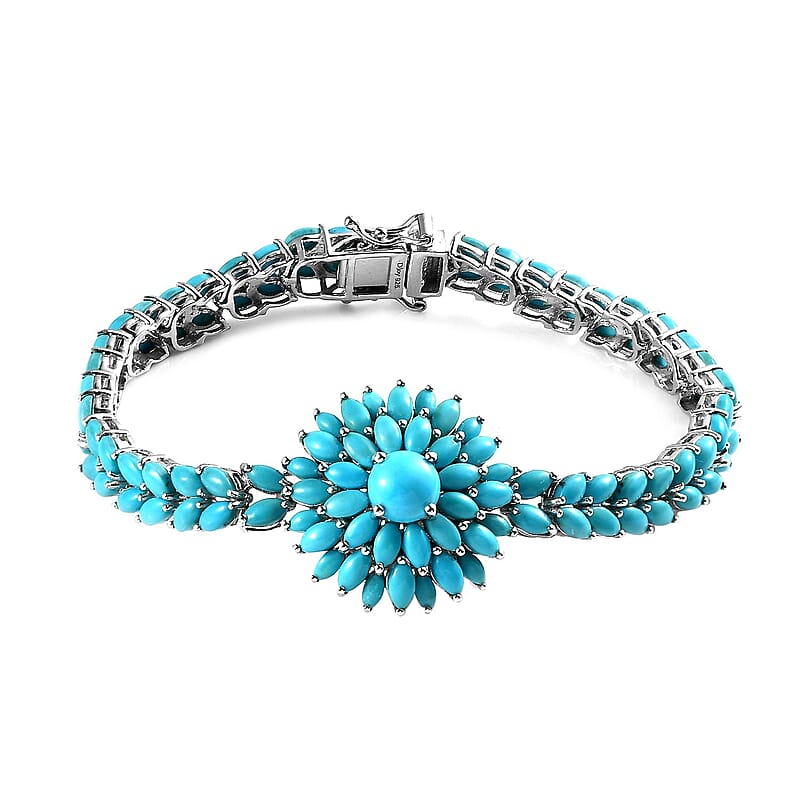 D'Joy Premium Sleeping Beauty Turquoise Floral Spray Bracelet in Platinum Over Sterling Silver (7.25 In) 17.25 ctw