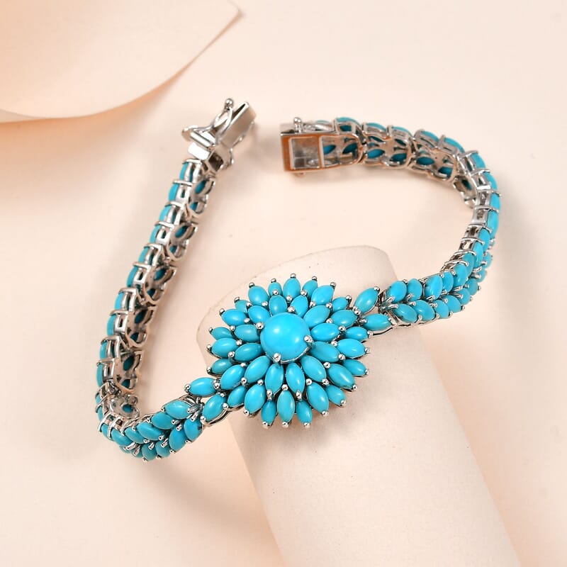 D'Joy Premium Sleeping Beauty Turquoise Floral Spray Bracelet in Platinum Over Sterling Silver (7.25 In) 17.25 ctw