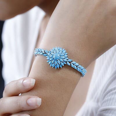 D'Joy Premium Sleeping Beauty Turquoise Floral Spray Bracelet in Platinum Over Sterling Silver (7.25 In) 17.25 ctw