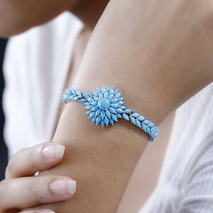 Premium Sleeping Beauty Turquoise Floral Spray Bracelet in Platinum Over Sterling Silver (8.00 In) 18.75 ctw