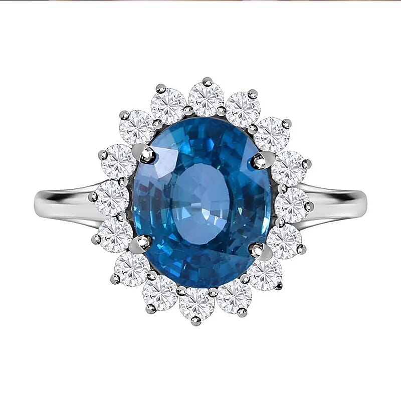 Luxoro AAA Ratanakiri Blue Zircon and Moissanite 6.30 ctw Sunburst Ring in 14K White Gold (Size 10.0)