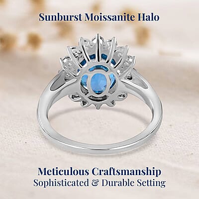 Luxoro AAA Ratanakiri Blue Zircon and Moissanite 6.30 ctw Sunburst Ring in 14K White Gold (Size 10.0)