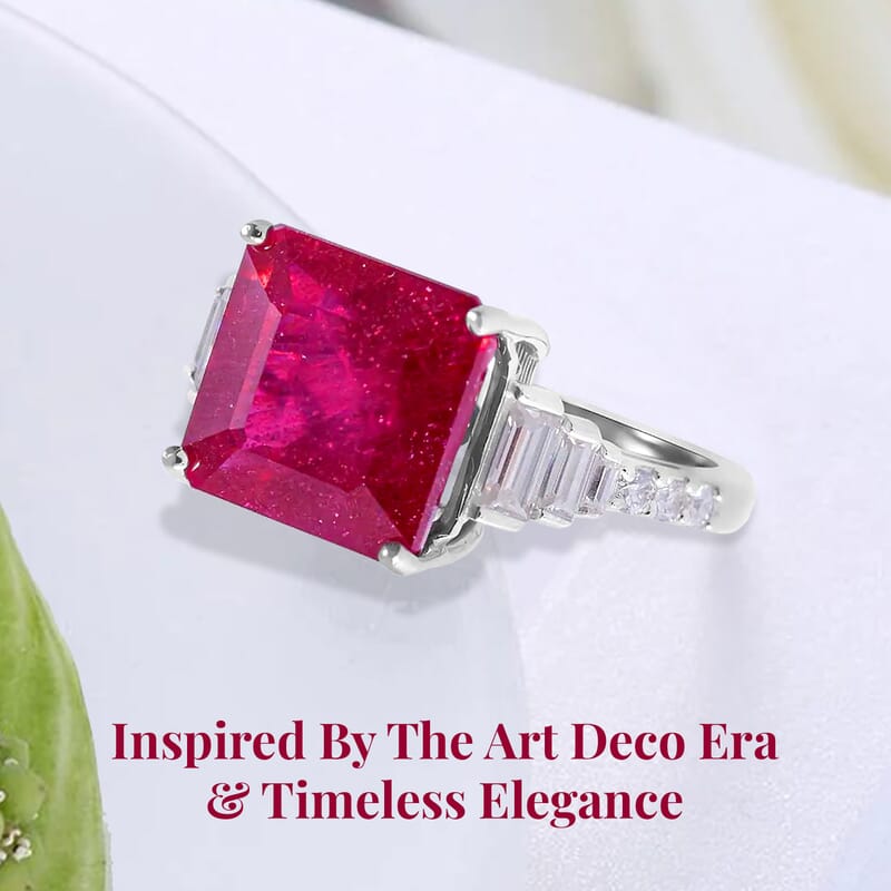 Asscher Cut Niassa Ruby (FF), Moissanite Ring in Platinum Over Sterling Silver (Size 10.0) 7.25 ctw