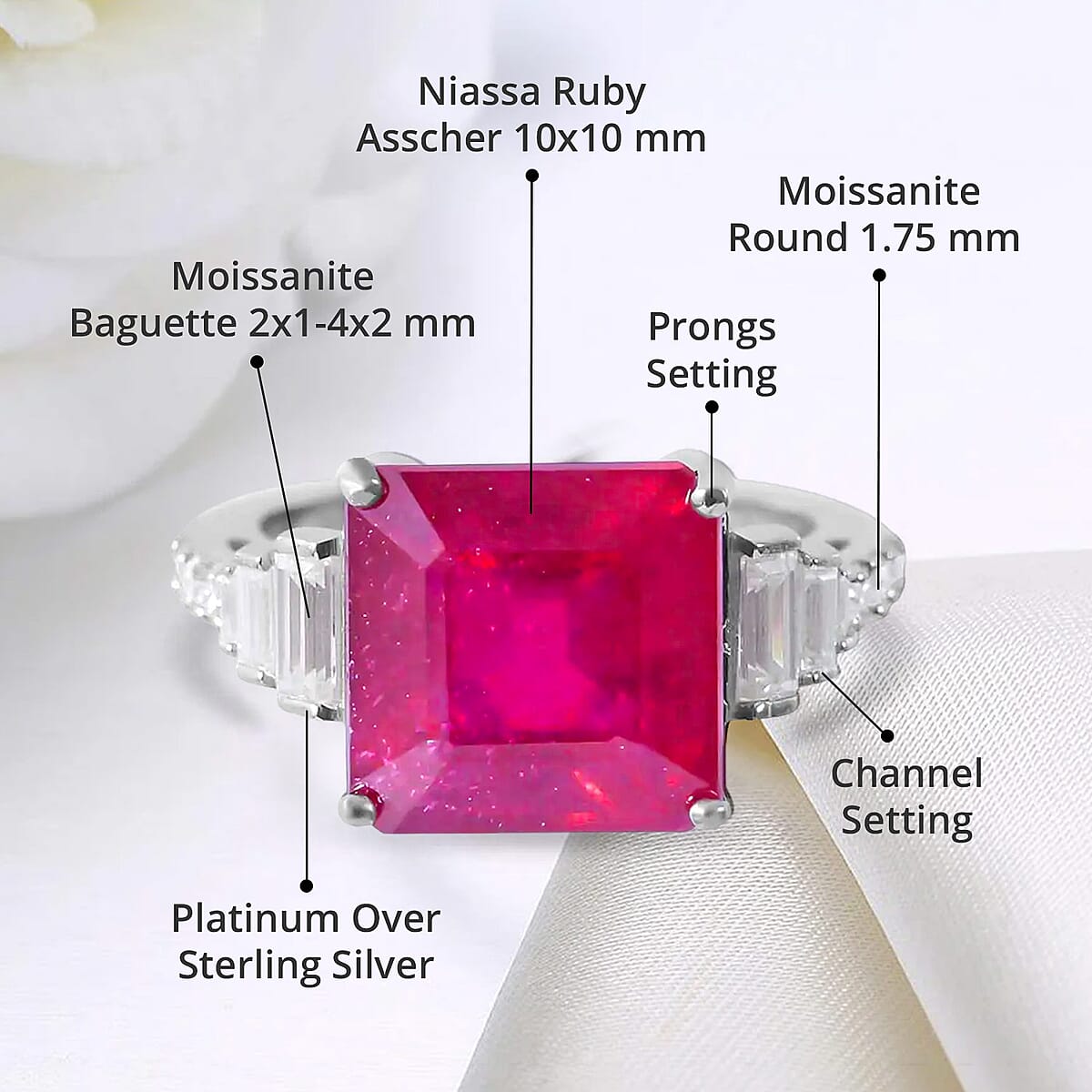 Asscher Cut Niassa Ruby (FF) and Moissanite Ring in Platinum Over Sterling Silver (Size 10.0) 7.35 ctw image number 3