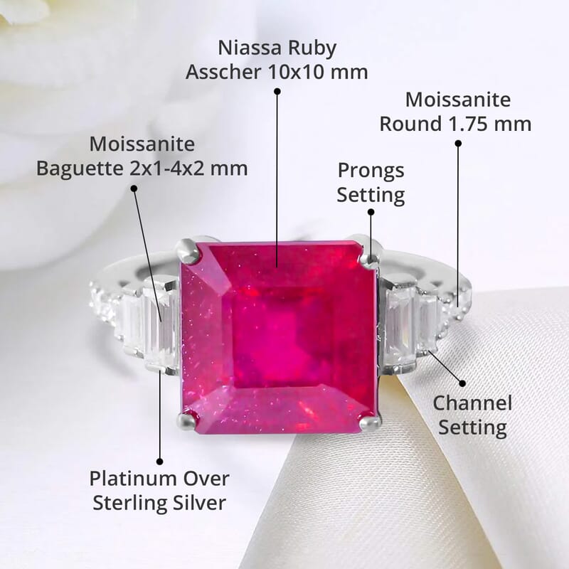 Asscher Cut Niassa Ruby (FF), Moissanite Ring in Platinum Over Sterling Silver (Size 10.0) 7.25 ctw
