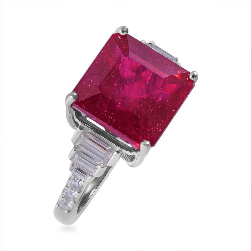 Asscher Cut Niassa Ruby (FF), Moissanite Ring in Platinum Over Sterling Silver (Size 10.0) 7.25 ctw