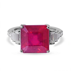 Asscher Cut Niassa Ruby (FF), Moissanite Ring in Platinum Over Sterling Silver (Size 8.0) 7.25 ctw