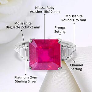 Asscher Cut Niassa Ruby (FF), Moissanite Ring in Platinum Over Sterling Silver (Size 8.0) 7.25 ctw