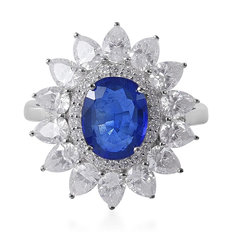 Tanzanian Blue Spinel (DF), Moissanite 4.65 ctw Floral Ring in Platinum Over Sterling Silver (Size 10.0)