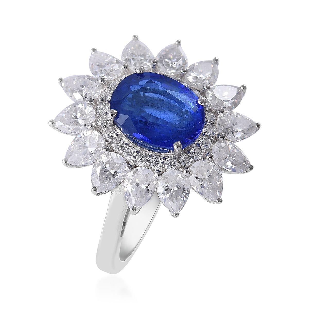 Tanzanian Blue Spinel (DF), Moissanite 4.65 ctw Floral Ring in Platinum Over Sterling Silver (Size 10.0)