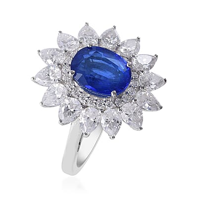 Tanzanian Blue Spinel (DF), Moissanite 4.65 ctw Floral Ring in Platinum Over Sterling Silver (Size 10.0)