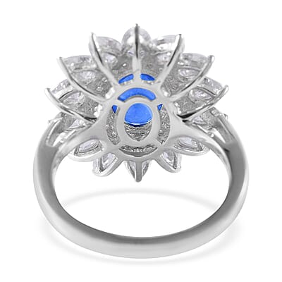 Tanzanian Blue Spinel (DF), Moissanite 4.65 ctw Floral Ring in Platinum Over Sterling Silver (Size 10.0)