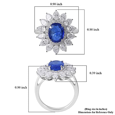 Tanzanian Blue Spinel (DF), Moissanite 4.65 ctw Floral Ring in Platinum Over Sterling Silver (Size 10.0)