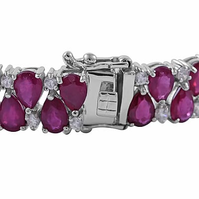 Niassa Ruby (FF) and White Zircon 2 Row Bracelet in Platinum Over Sterling Silver (7.25 In) 34.15 ctw