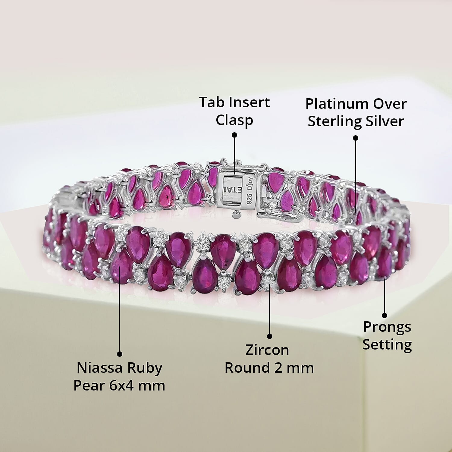 D'Joy Niassa Ruby (FF), White Zircon 37.85 ctw 2 Row Bracelet in Platinum Over Sterling Silver (8.00 In)