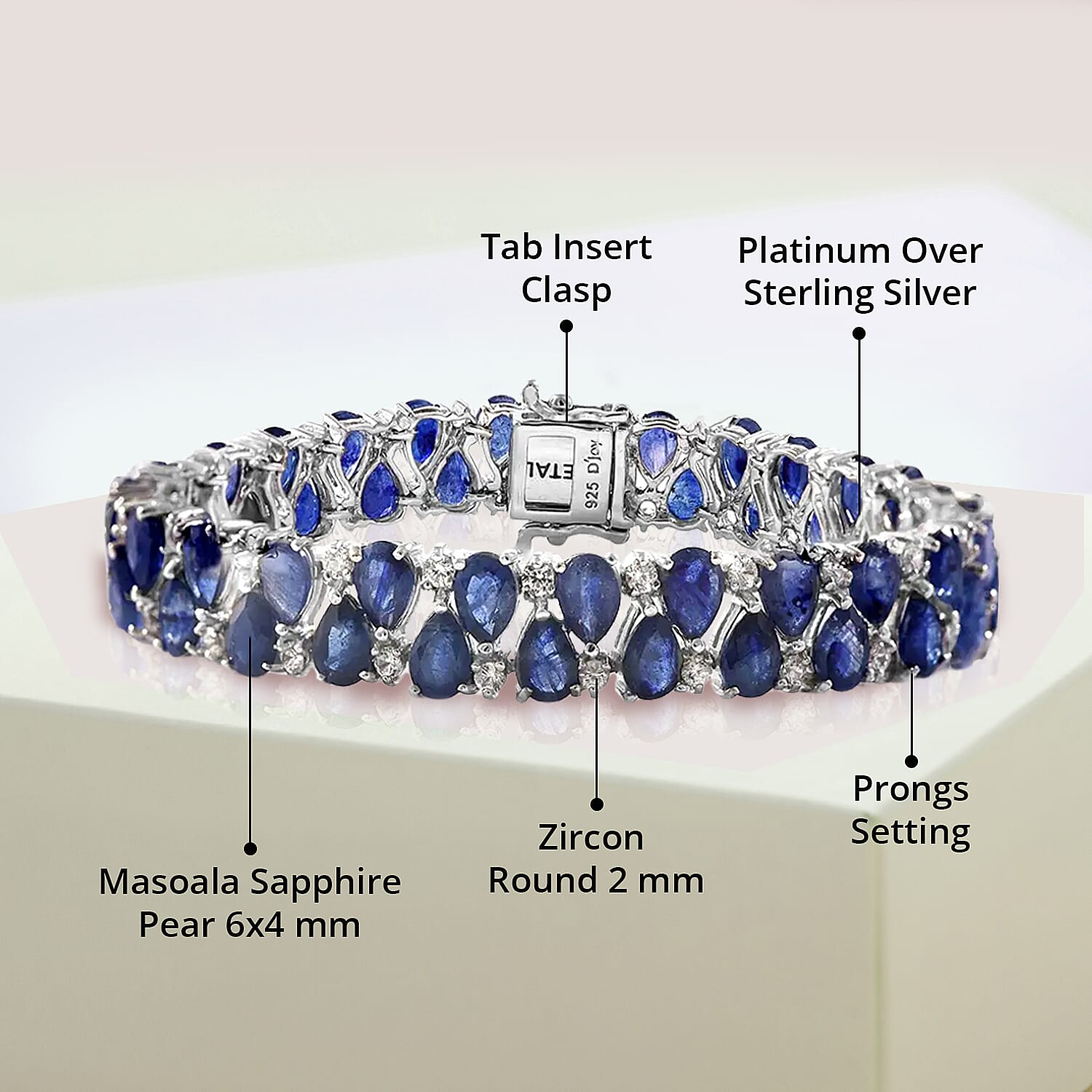 Masoala Sapphire (D) and White Zircon 37.50 ctw 2 Row Bracelet in Platinum Over Sterling Silver (7.25 In) 37.50 ctw